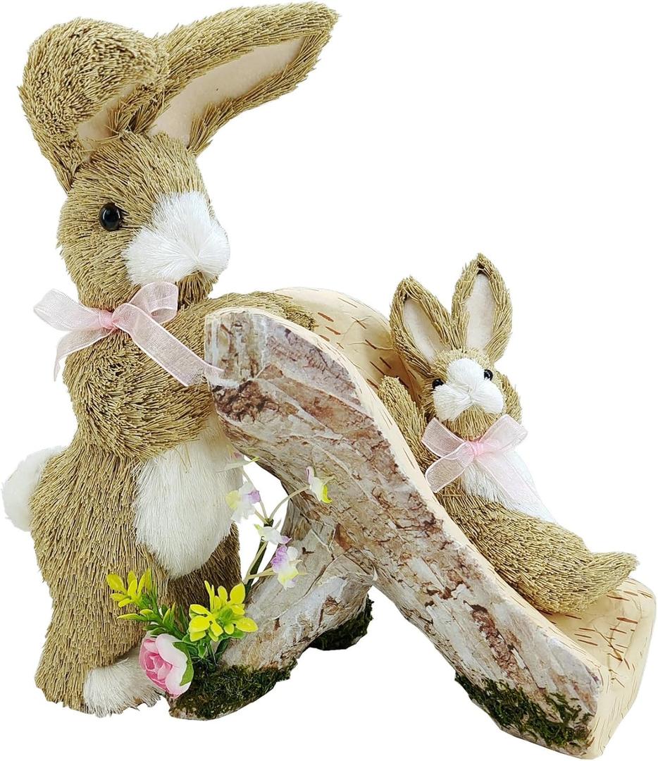 Naturevibe 9.6 Inches Sisal Easter Bunny Decor with Slide,Straw Easter Decorations Bunny Figurine Mom and Baby as Spring Home Decor,Table Centerpieces, Holiday Mantel Decorations or Springtime Gifts