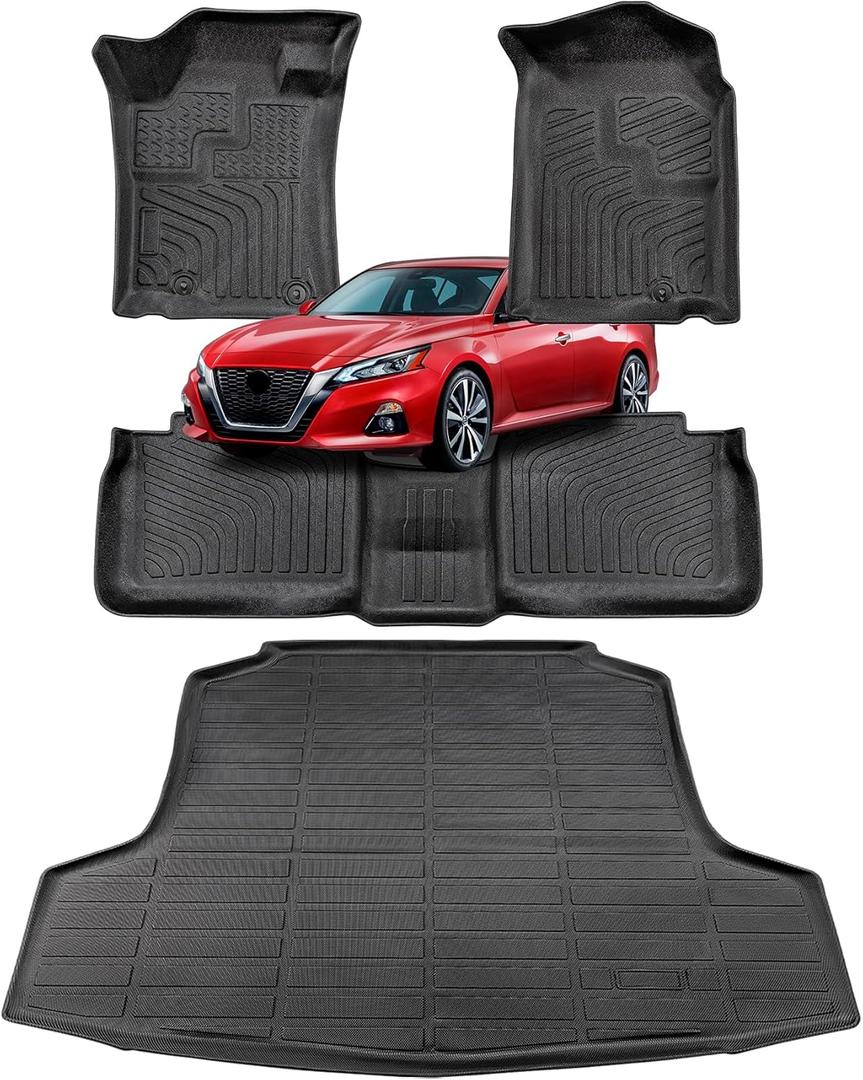 Floor Mats for Nissan Altima 2013-2018 Car Accessories Set All Weather Rubber TPE Tech Black Trunk Cargo Liner & Front Rear Tapetes Custom Fit Carpets for Altima 2018 2017 2016 2015 2014 2013