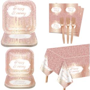 81 Pieces Rose Gold Party Decorations - Party Supplies Including Plates, Napkins, Tablecloth, Forks for Girl Women Mom Birthday, Serves 20