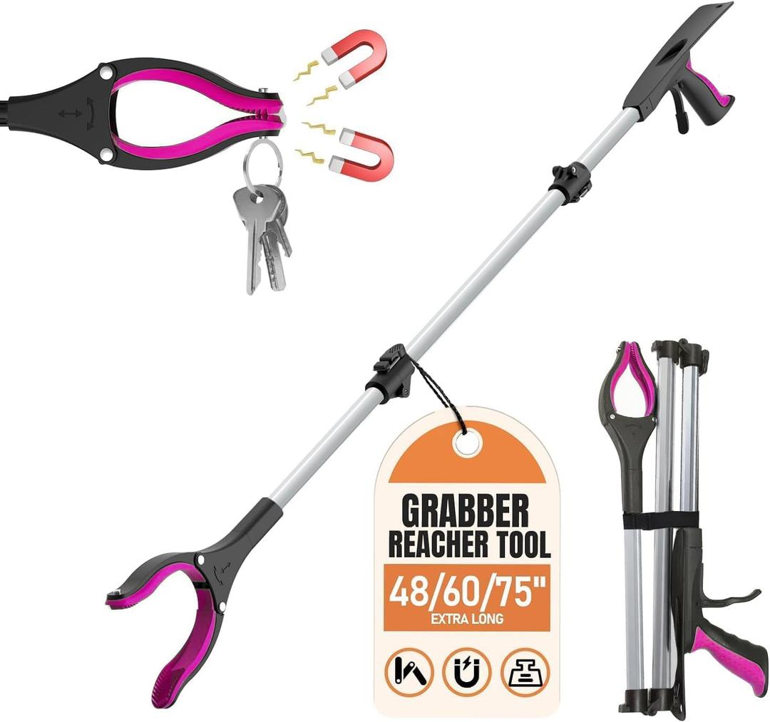 75" Extra Long Grabber Reacher Tool, Aluminum Foldable Reacher Grabber Pickup Tool w/Shoe Horn, Strong Grip Claw Upper Picker for Senior, Post-Surgery, Trash, 360° Jaw, Dual Powerful Magnet