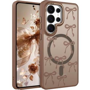 BENTOBEN Magnetic for Samsung Galaxy S26 Ultra Case with Cute Ribbon Bows Pattern, [Compatible with MagSafe] Translucent Matte Anti-Slip Slim Women Girl Protective Cover for Samsung S26 Ultra, Bronze