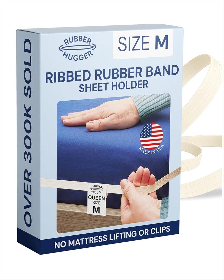 RUBBER HUGGER Medium Size Elastic Bed Sheet Holder - Patented, Ribbed Rubber Band with 1 Bed Sheet Strap for Queen Adjustable Mattresses - Bedroom Accessories - Corner Straps