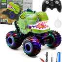 Dinosaur Remote Control Car, 360 Rotating RC Stunt Car Dinosaur Monster Truck Toys with Spray, Light & Sound,2.4GHz All Terrain Indoor/Outdoor Toys for Kids 3-12 Christmas & Birthday (Green)