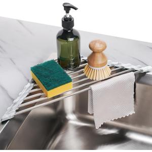 Tomorotec Marble Triangle Roll-Up Dish Drying Rack for Sink Corner - Small, Foldable, Stainless Steel, Multipurpose Kitchen Drainer Caddy, Trivet, Rustproof Organizer, Storage Shelf