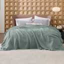 Bedsure Gentlesoft 100% Cotton Blanket Queen Size for Bed - Cooling Breathable and Soft for Summer, Thick Cozy Waffle Weave Blanket Gifts for Women, Sage Green, 90x90 Inches