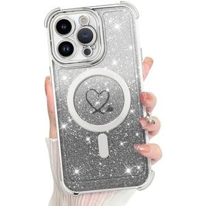 KANGHAR for iPhone 13 Pro Max Case, Support for MagSafe [Four Corner Cushion Series] Love Heart Pattern Electroplate Edge Shockproof Durable Full Body Protection for Girls Women -Silver