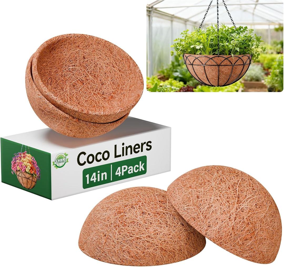 Halatool 14 Inch Hanging Basket Coco Liners Replacement, Round Coconut Liners for Planters Baskets, Made of 100% Natural Coco Fiber for Flowers Vegetables Garden, Drainage & Retain Moisture (4 Pack)