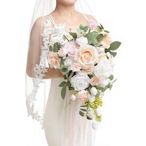 Ling's Moment Blush Pink Bridal Bouquet Cascading, Coral Wedding Bouquets for Bride, 13 Inch Bride Bouquets for Wedding Artificial Flowers Bouquets (Pk-cream & Blush)