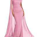 HESUUIO Elegant Off Shoulder Formal Dress Mesh Cape Overlay Wedding Guest Evening Gowns Bodycon Maxi Long Dress Pink M