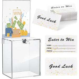 Teling 101 Pcs Tall Acrylic Donation Box with Lock and Sign Plate 7 x 5 x 8 Inches Safe Suggestion Box with Raffle Tickets Cards for Raffle, Money, Voting, Charity, Suggestion (Clear)