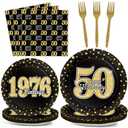 200Pcs 50th Birthday Party Decorations Vintage 1976 Paper Plates and Napkins Black Gold 50 Year Old Disposable Tableware Set for Men Women 50th Birthday Anniversary Party Favors Supplies Serves 50