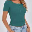 PRETTYGARDEN Womens 2026 Summer Short Sleeve Tops Ribbed Henley Button Slim Fit Basic Casual T Shirts Blouse Fashion Clothing (Blue, M)