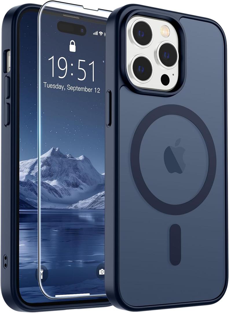 SUPFINE Magnetic for iPhone 14 Pro Max Case with Screen Protector (Compatible with MagSafe) (Military Grade Drop Protection) Translucent Matte Shockproof Phone Cover,Dark Blue