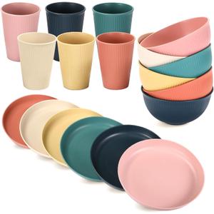 18PCS Wheat Straw Dinnerware Sets Unbreakable Dinnerware Sets Reusable Cups Plates and Bowls Sets Microwave Dinnerware Set for Kitchen Travel Camping (Colourful)