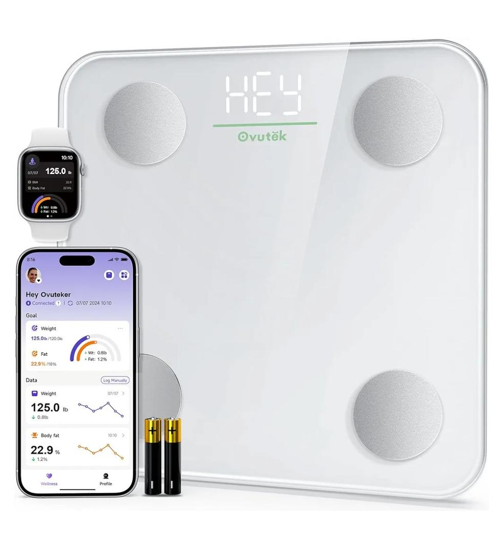 Ovutek Smart Scale for Body Weight, Digital Bathroom Scale BMI Weighing Body Fat Scale, Accurate Body Composition Scale Monitor for People's Health with Smartphone App, Compact Size, 400lb (White) (no battery in set)