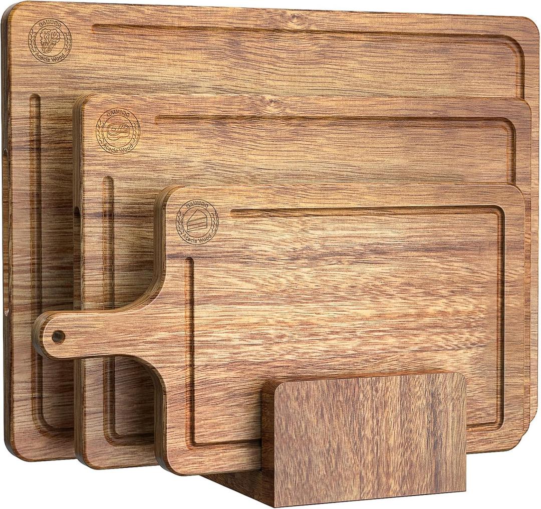 Acacia Wood Cutting Board Set of 3 Non-Toxic & Pre-Oiled Cutting Boards for Kitchen, Chopping Boards with Holder, Juice Groove, Reversible Serving Board, Labeled Icons for Meat Cheese Vegetables