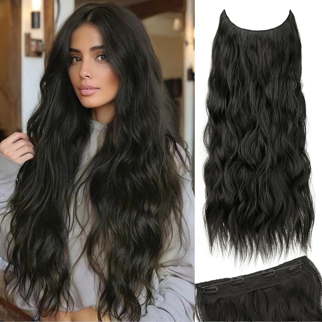 Black Invisible Wire Hair Extensions Long Wavy Synthetic Hairpiece with 4 Secure Clips for Women Clip in Hair Extensions 24 inch