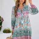 R.Vivimos Womens Long Sleeve Floral Casual Print Cotton Mini Tunic Dress (Green, M)