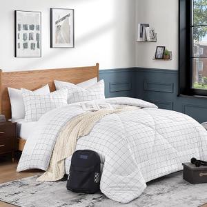 White Grid Comforter Set Queen, 3 Piece Black Line Windowpane Comforter Sets with 2 Pillow Shams, Modern Minimalist Comforte
