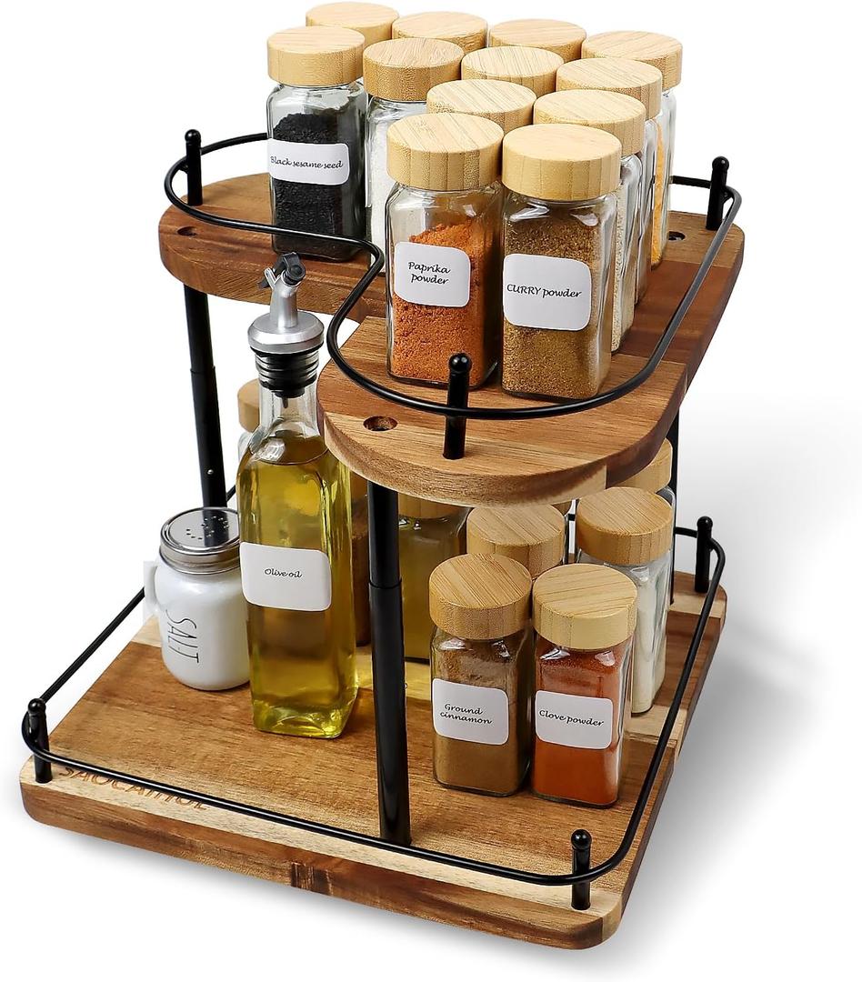 SAOCAIHUL Acacia Wooden Spice Rack Organizer Lazy Susans Rotating Countertop 2 Tiered Display Shelf Kitchen Adjustable Height Spinning Spice Rack 11.8INCH Large Capacity
