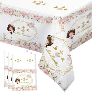 MEHOFOND 3 Pack Mi Bautizo Tablecloths, 108 x 54 Inch Pink Flowers First Holy Communion Tablecloths,Girl Mi Primera Comunin Party Decorations, God Bless Party Table Cover Decor