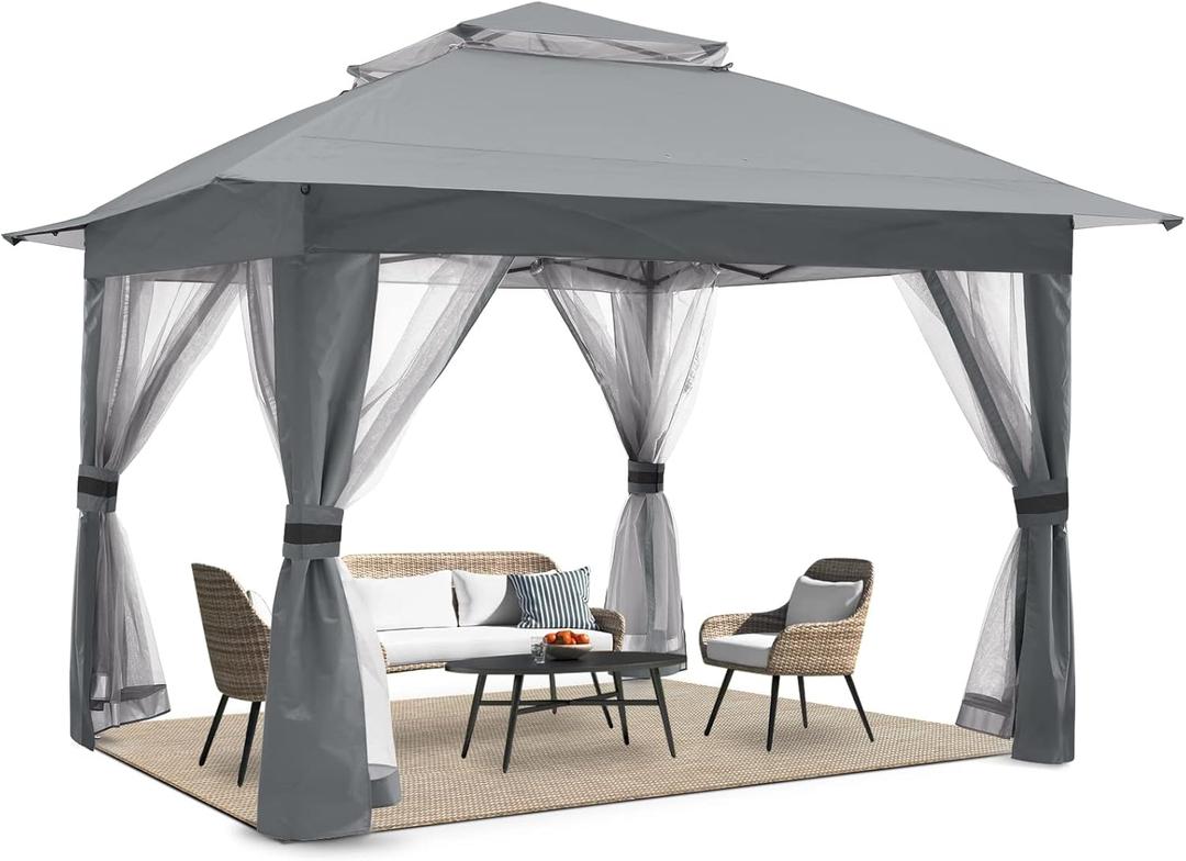 COOSHADE 11x11 Pop Up Gazebo Tent Outdoor Canopy Patio Shelter with Mosquito Netting(Grey)
