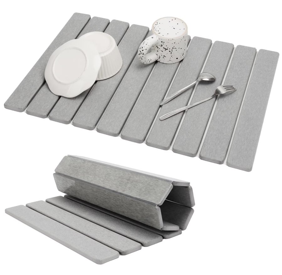 Large Stone Dish Drying Mat for Kitchen Counter, 24"×16", Collapsible Quick Dry Dish Drying Mat, Ultra Absorbent Diatomaceous Earth Mats for Dishes Bottles Cups, Match Any Countertop  Grey