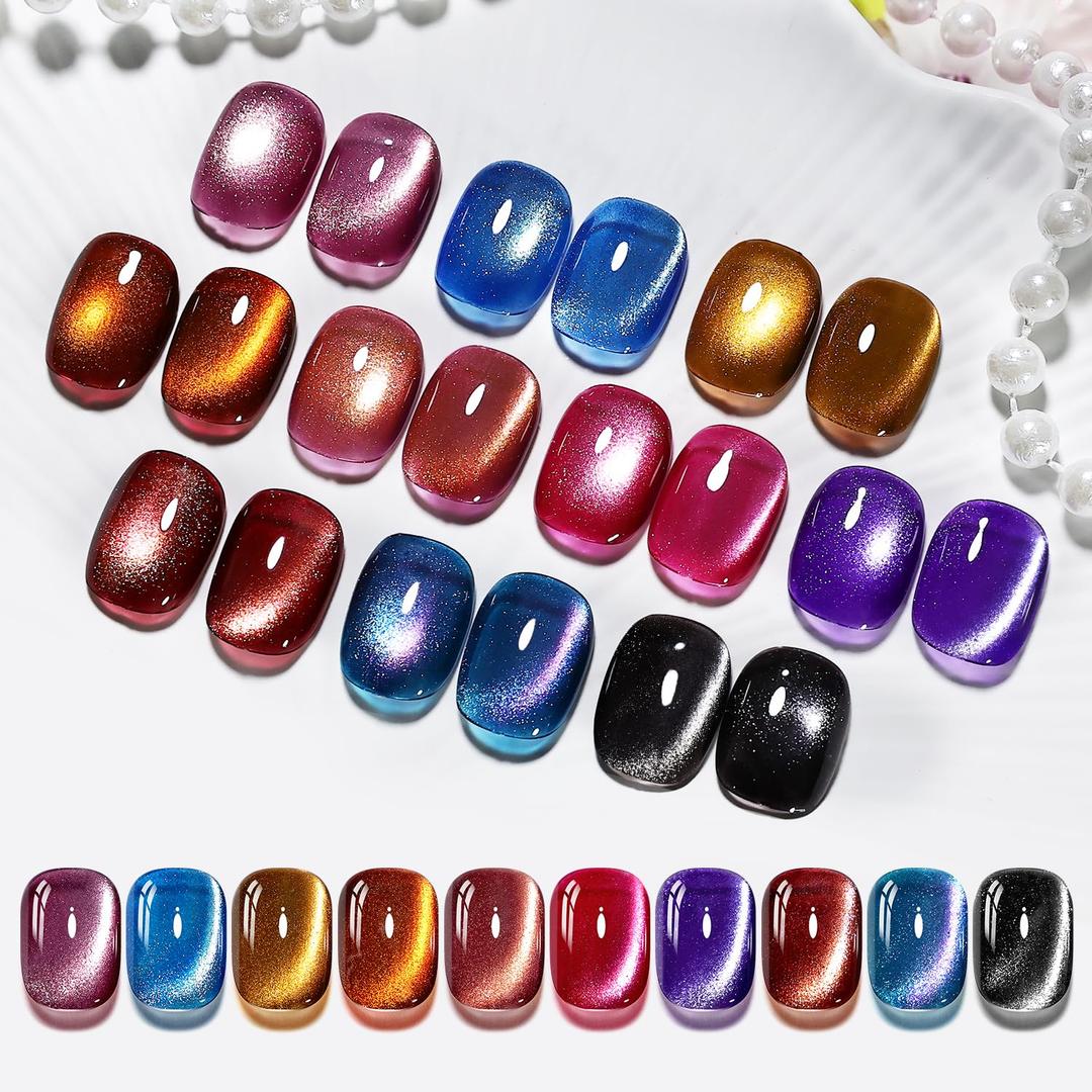 JODSONE 12 Colors Cat Eye Gel Nail Polish Set Blue Purple Red Black with Base Coat &Top Coat Magnet for DIY Salon Nails All Seasons (10Color-CE-3)