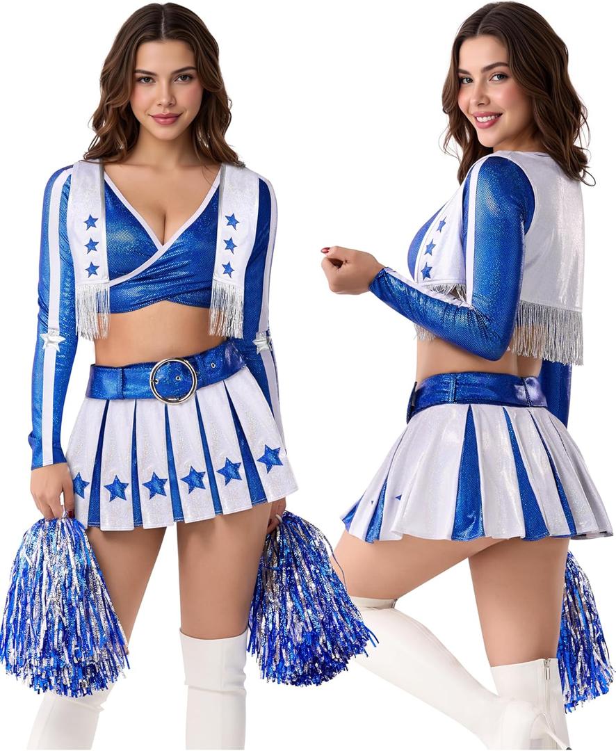 Spooktacular Creations 4 Pcs Cheerleader Costume for Women, High School Cowboys Cheerleader Costume for Cosplay Party (Small)
