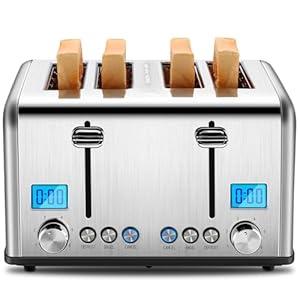 Roter Mond Countdown Stainless Steel 4 Slice Toaster with Bagel, Defrost, Cancel Function, Dual Toaster, Extra Wide Slots, 6 Shade Settings, Removable Crumb Trays, 1650W
