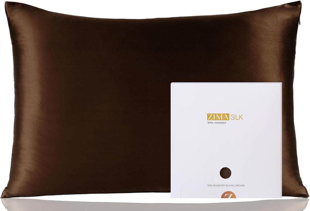 ZIMASILK 100% Pure Mulberry Silk Pillowcase for Hair and Skin Health,Soft and Smooth,Both Sides Premium Grade 6A Silk,600 Thread Count,with Hidden Zipper,1pc (Queen 20''x30'',Chocolate)