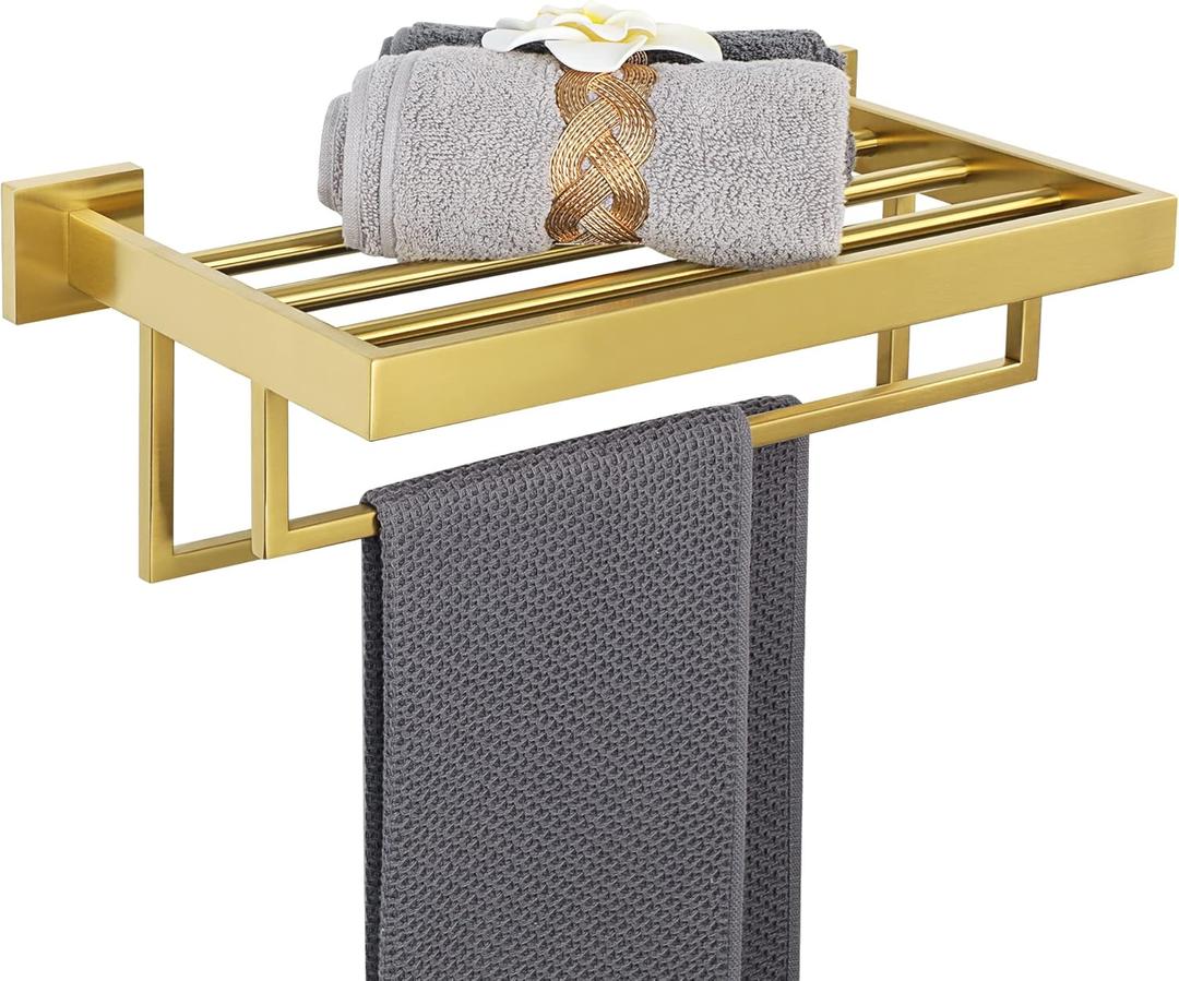 Alise 16 Inch Towel Racks for Bathroom, Towel Rack Wall Mounted with Double Towel Bars, SUS 304 Stainless Steel Towel Shelf, Heavy Duty Hand Towel Holder(Gold Finish)