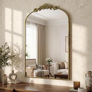 Arched Wall Mirror, 24" x 36" Vintage Carved Bathroom Mirror with Antique Bronze Aluminum Frame, Retro Decorative Wall Mirror for Bedroom, Living Room, Entryway, Fireplace & Hallway
