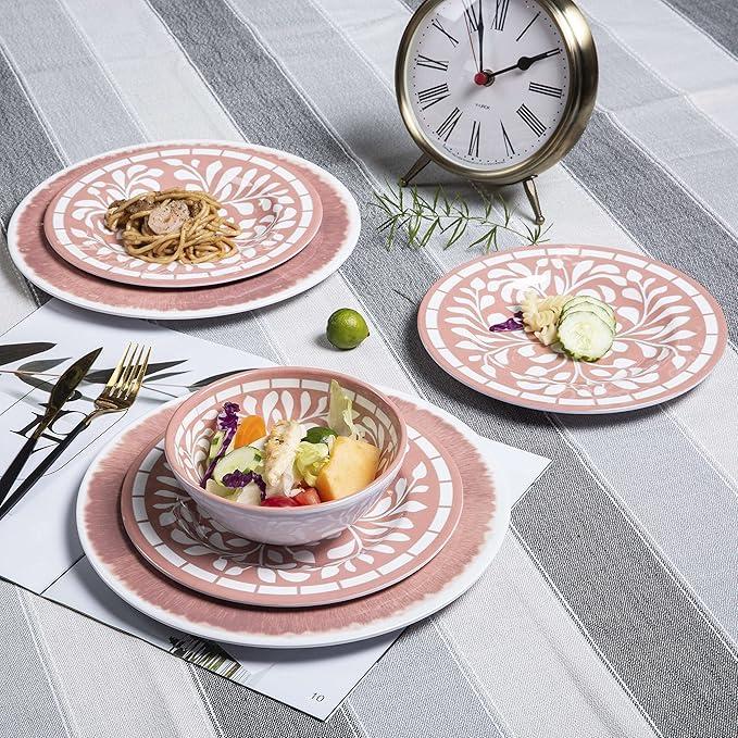 Melamine Dinnerware Sets - 12 Pcs Plates and Bowls Set,Unbreakable Dinner Dishes Set for 4,Lightweight, Dishwasher Safe, BPA Free,Indoor Outdoor use, Pink