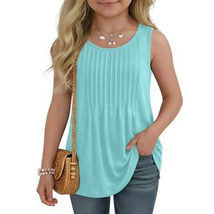 Ficerd Girls' Tank Tops Kids Summer Sleeveless Tunic Pleated Loose Shirt Dressy Crew Neck Casual Cute Blouses 5-14 Years(11-12 Years,Light Turquoise)