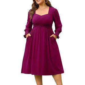 AMCLOS Women's Plus Size Casual Dress 2 Pockets Square Neck Back-Tie Crosswrap Bodice Elegant Work Business Long Sleeve (3X-Large)