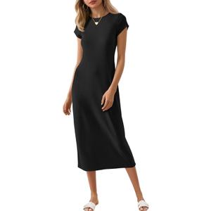 Wenrine Women's Short Sleeve T-Shirt Dress Summer Crew Neck Basic Solid Casual Long Midi Dresses