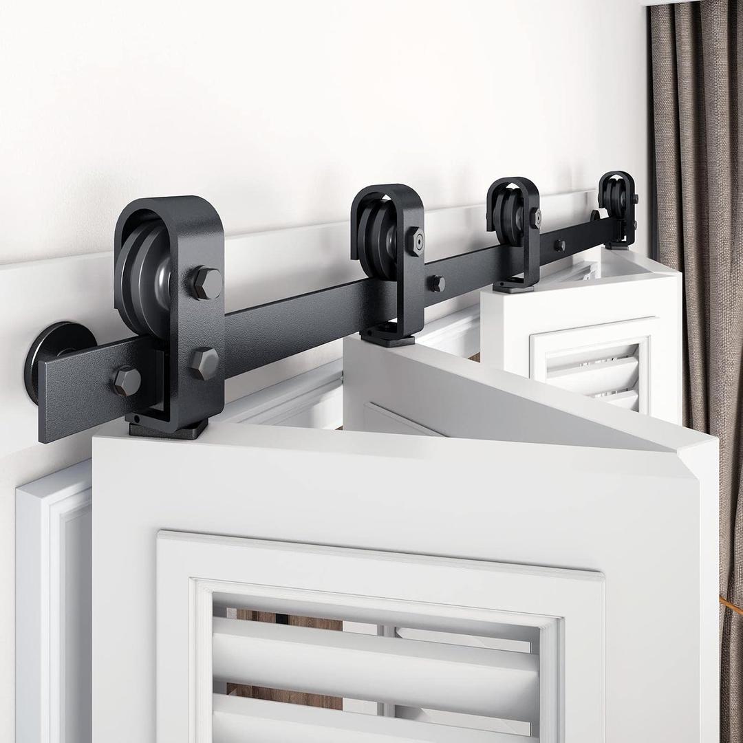 EaseLife 64" Bifold Sliding Barn Door Hardware Track Kit for 4 Closet Door,Top Mount Roller,Slide Smoothly Quietly,Easy Install,Black,Fit for Four 15" Wide Bi-Folding Door (Hardware Only)