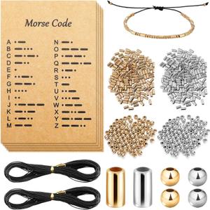 DIY Morse Code Bracelet Making Set, 800 Round Spacer Beads, 800 Long Tube Beads, 20 Morse Code Decoding Card and 2 Rolls 66 ft Waxed Polyester Twine Cord (Silver and Gold, Black Rope)