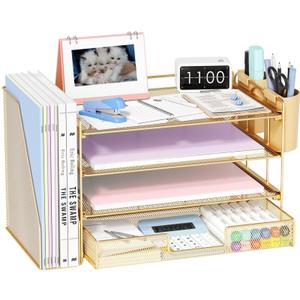 OPNICE Desk Organizer, 4-Tier Desktop File Organizer with Drawer and 2 Pen Holders, Office Desk Accessories, File Sorters, Workspace Organizers for Office Supplies(Gold)