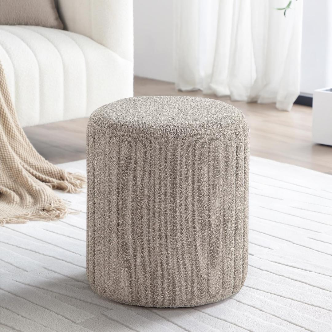 Get Set Style Modern Round Ottoman with Soft Padded Seat, Multifunctional Vanity Chairs for Makeup, Upholstered Footrest Stool Ottoman Foot Stool for Living Room, Bedroom, 14.8"D x 14.7"W x 17.3"H