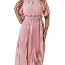 Bbonlinedress Womens Summer Wedding Guest Dress Casual Smocked Flowy Chiffon Short Sleeve Pleated Midi Dresses Blush S