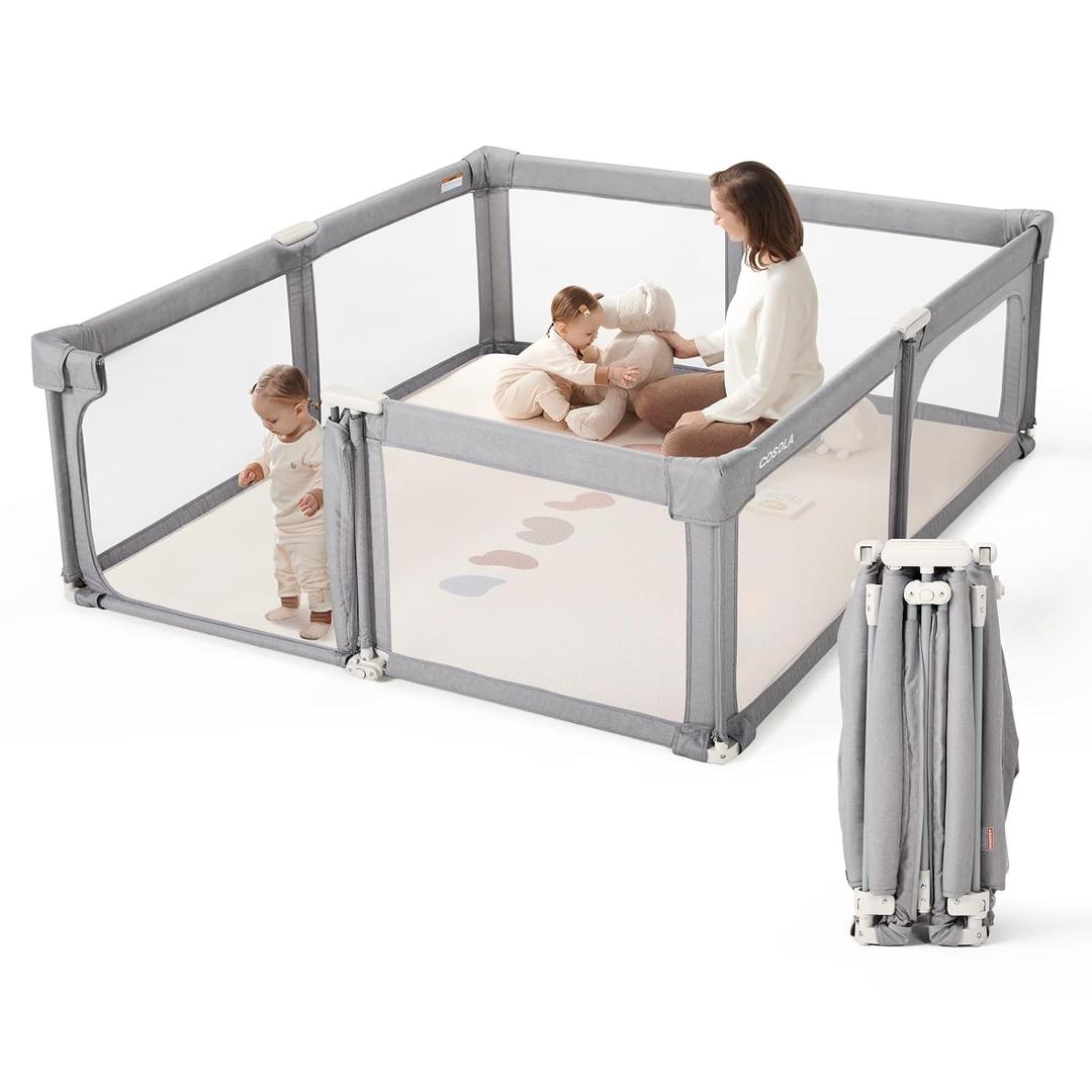 Baby Playpen Portable, Pre-Assembled Play Pen 71x79 Large Foldable Playpen for Babies and Toddlers, Sturdy and Safe Toddler Play Yard Indoor Outdoor with Carry Bag,Grey with White