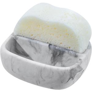 MyGift Modern White Resin Sponge Holder for Kitchen Sink, Countertop Dish Sponge Holder with 2 Compartments and Marble Pattern
