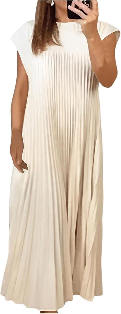 GORGLITTER Women's Pleated Church Maxi Dresses Summer Casual Short Sleeve Crew Neck Flowy Loose Long Sundresses 2025 (Medium, Apricot)