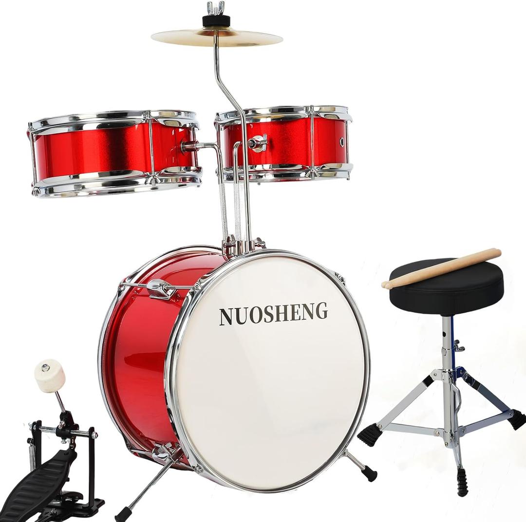 3-Piece 13 Inch Kids Drum Set, Beginner Junior Drum Kit with Adjustable Throne Cymbal Pedal Wooden Drumsticks, Poplar Hardwood Educational Musical Toy Gift for Boys Girls 3-9 Years Old