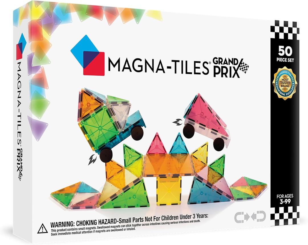 MAGNA-TILES Grand Prix 50-Piece Magnetic Construction Set, The ORIGINAL Magnetic Building Brand, Small, Large