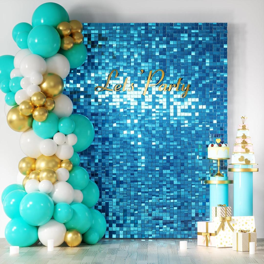 COKAOBE Turquoise Blue Shimmer Wall Backdrop, 24PCS Square Sequin Shimmer Backdrop Panel, Photo Backdrops for Birthday, Anniversary, Wedding, Graduation & Bachelorette Party Decoration