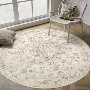 8' Round Rugs for Living Room Bedroom Dining Room Office Farmhouse, Machine Washable Non Slip Vintage Persia Rug Beige
