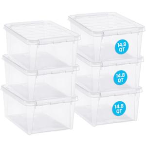 Classic 15 Clear Storage Box, 14L/14.8QT BPA-Free Stackable Container with Secure Lid, Swedish Made Storage for A4 Papers & Games (6)
